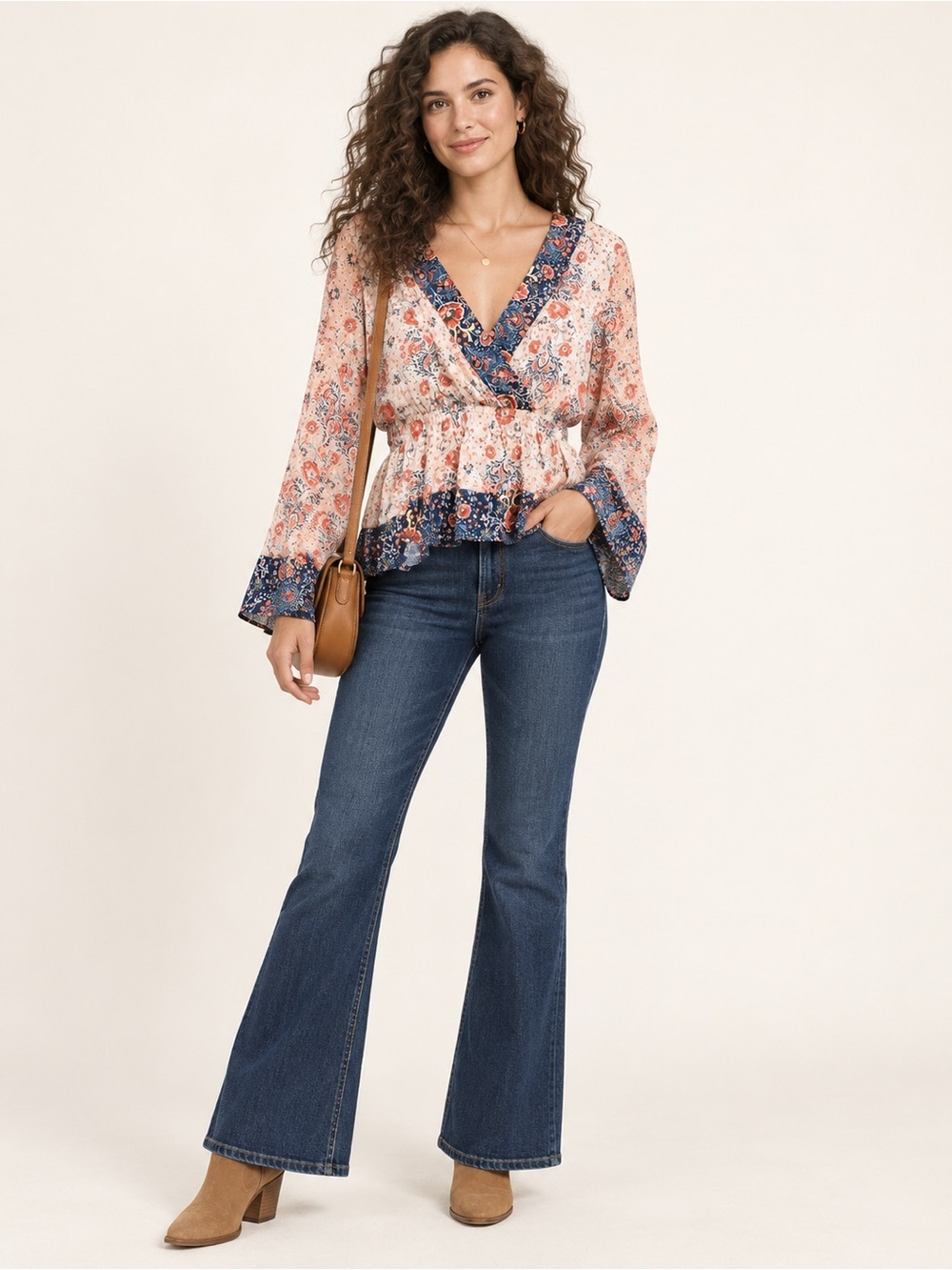 Love Stitch Floral Boho Wrap Peplum Top Size Medium NWT